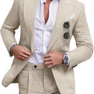 Men's Beige Linen Suit Set - Stylish 2 Piece Tuxedo for Weddings & Parties